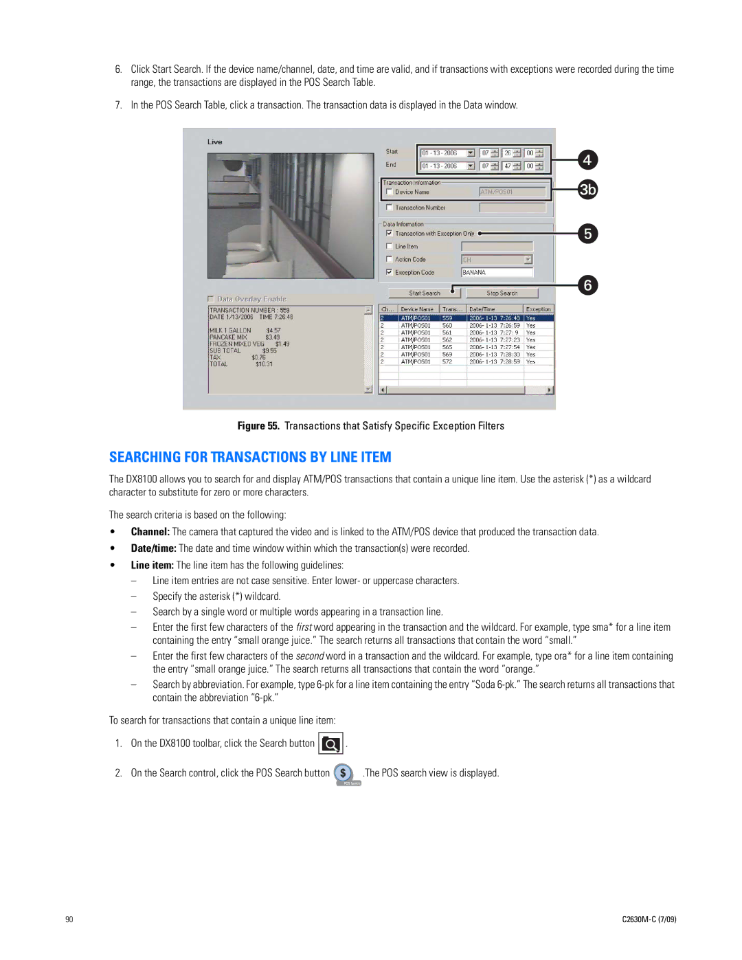 Pelco dx8100 manual Searching for Transactions by Line Item, Transactions that Satisfy Specific Exception Filters 