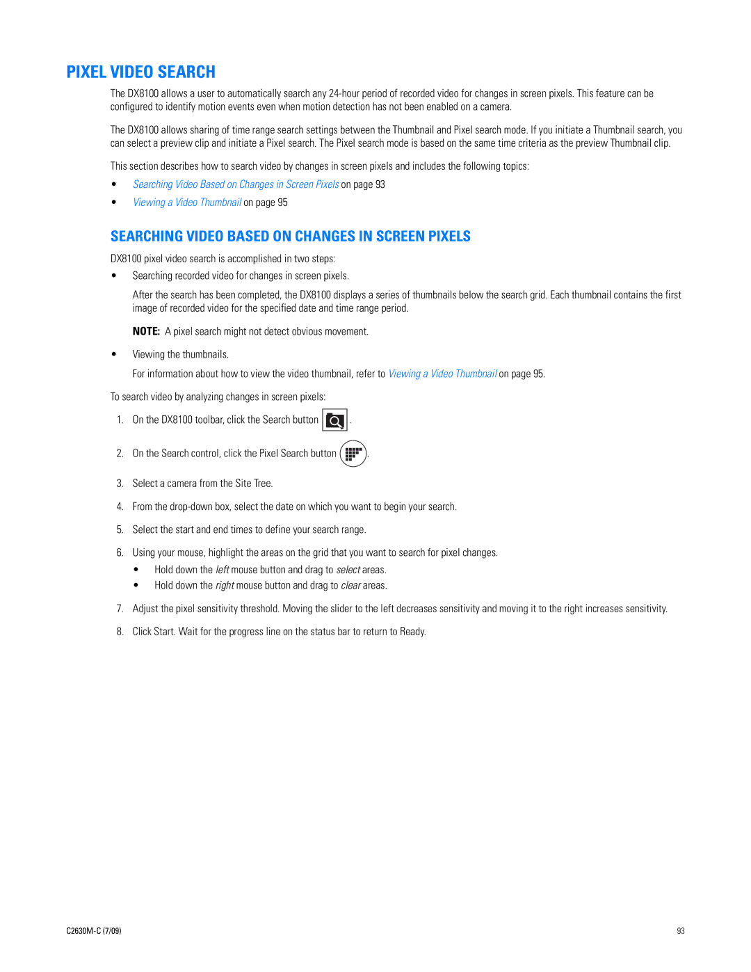 Pelco dx8100 manual Pixel Video Search, Searching Video Based on Changes in Screen Pixels 