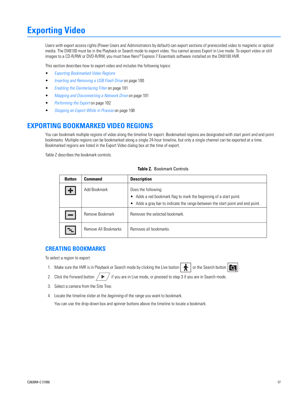 Pelco dx8100 Exporting Bookmarked Video Regions, Creating Bookmarks, Button Command Description, Removes all bookmarks 