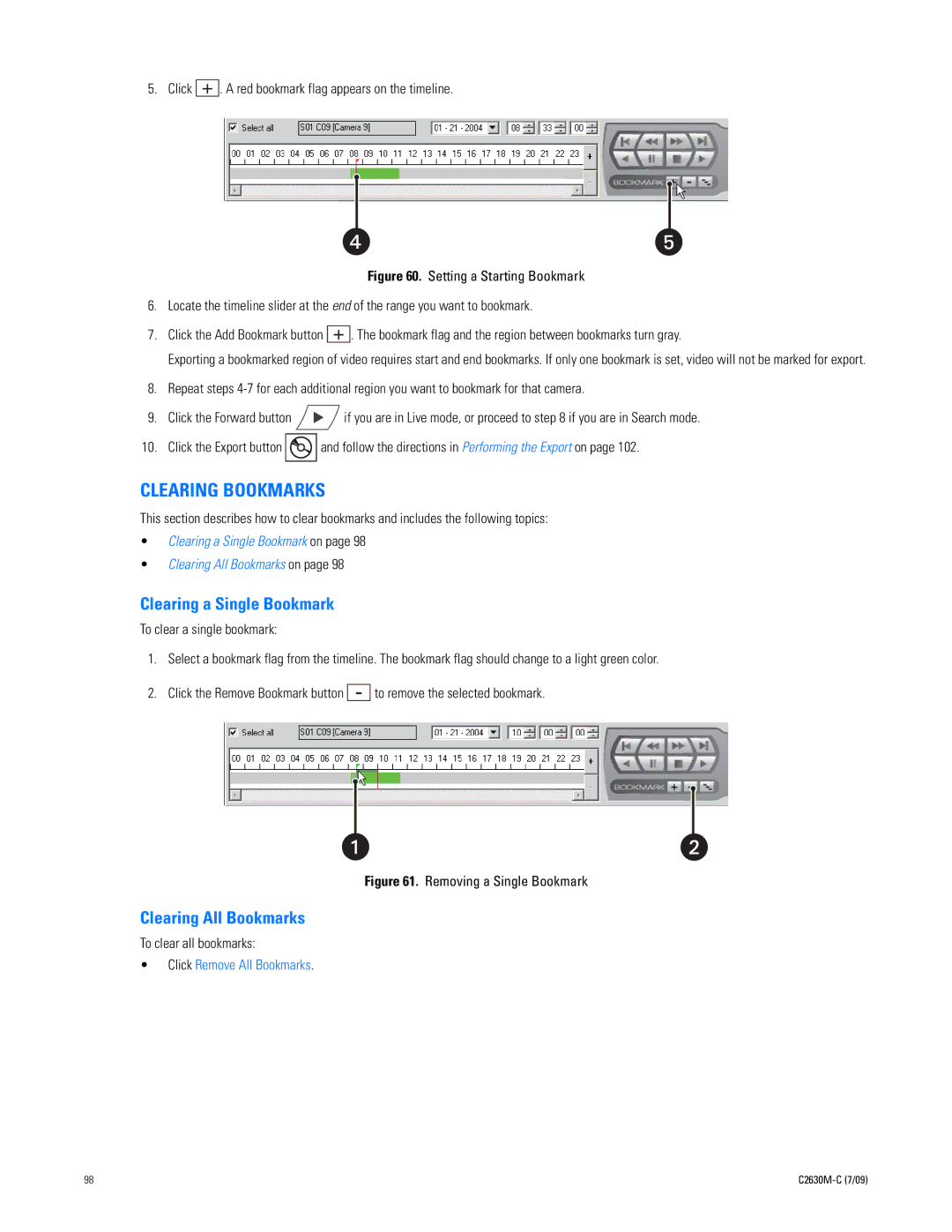 Pelco dx8100 manual Clearing Bookmarks, Clearing a Single Bookmark, Clearing All Bookmarks, To clear all bookmarks 