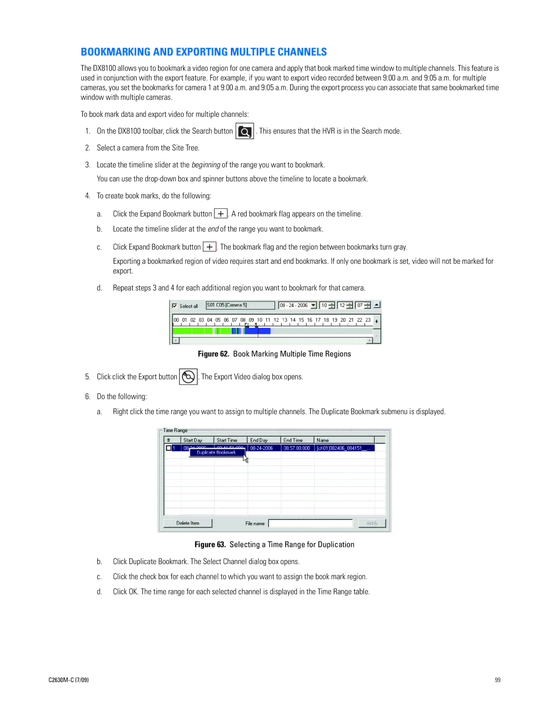 Pelco dx8100 manual Bookmarking and Exporting Multiple Channels 