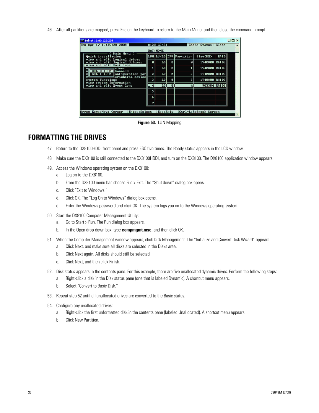 Pelco dx8100 manual Formatting the Drives, LUN Mapping 