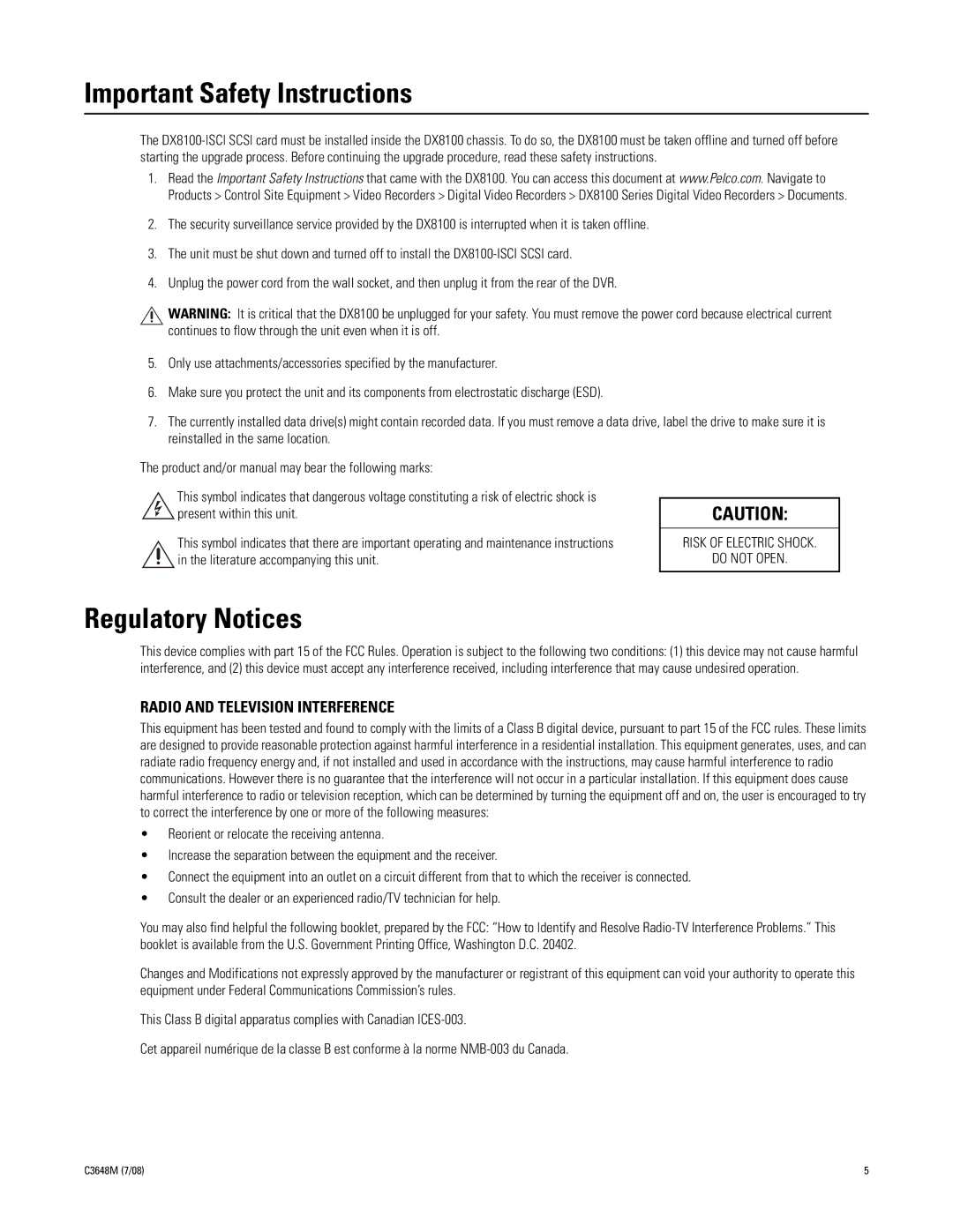 Pelco dx8100 manual Important Safety Instructions, Regulatory Notices 