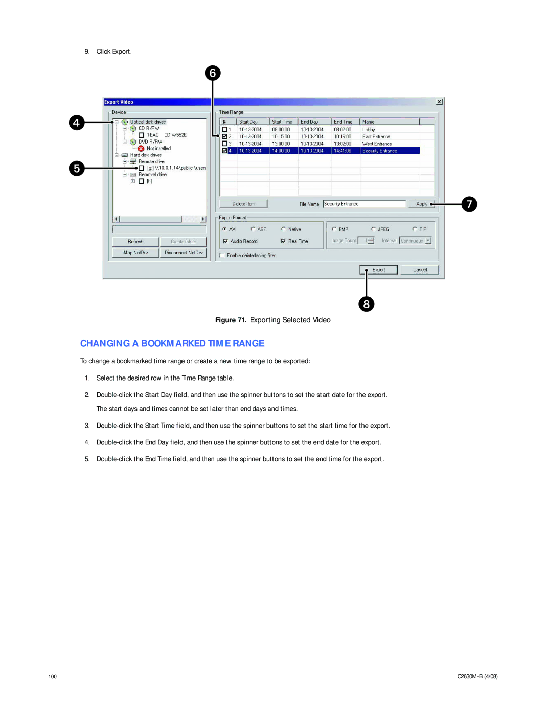 Pelco dx8100 manual Changing a Bookmarked Time Range, Exporting Selected Video 