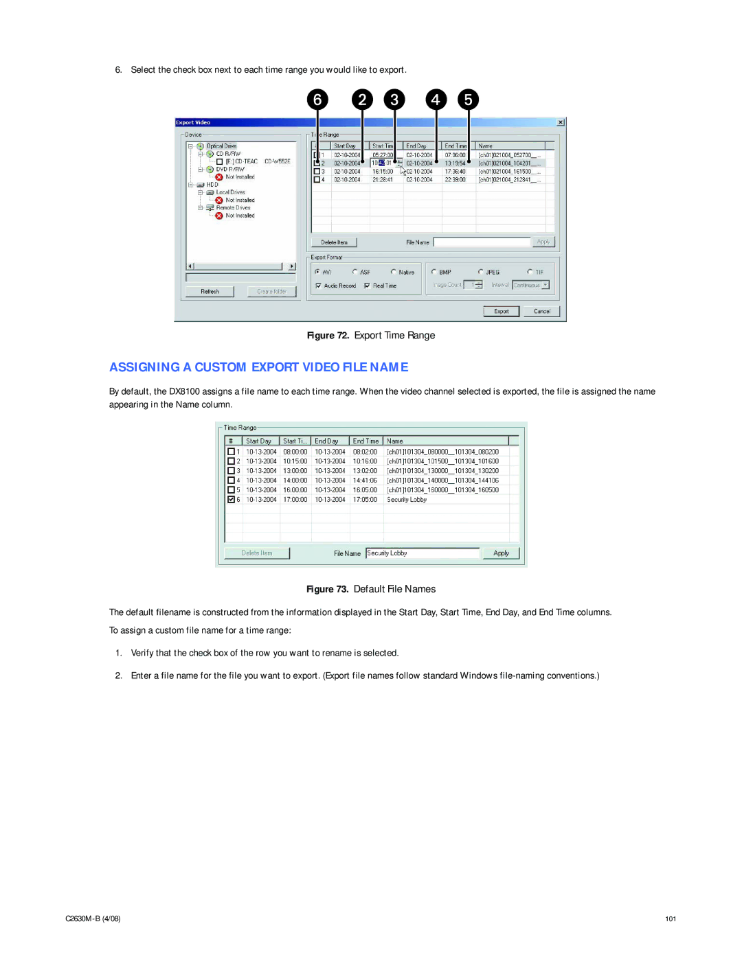 Pelco dx8100 manual Assigning a Custom Export Video File Name, Export Time Range 