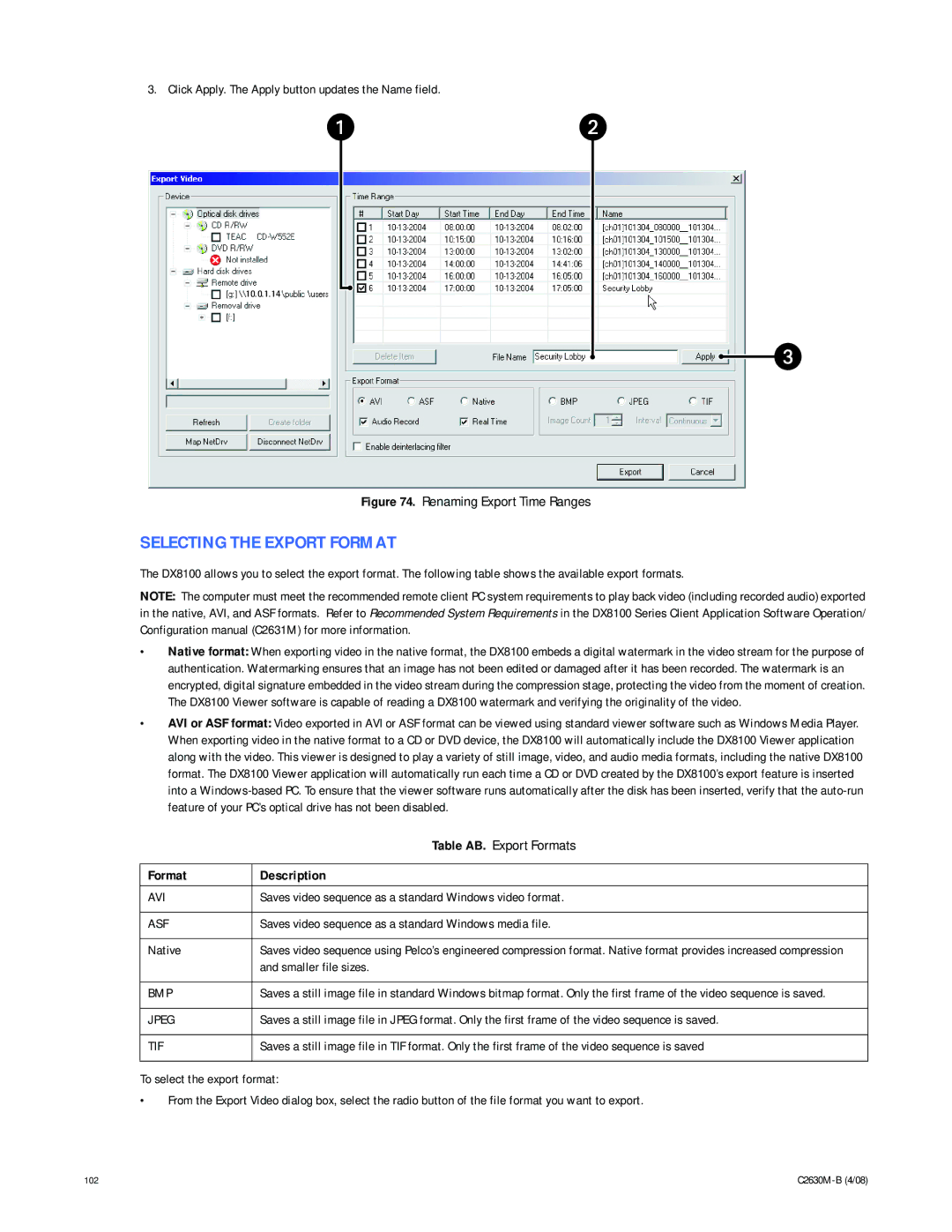 Pelco dx8100 manual Selecting the Export Format, Format Description 