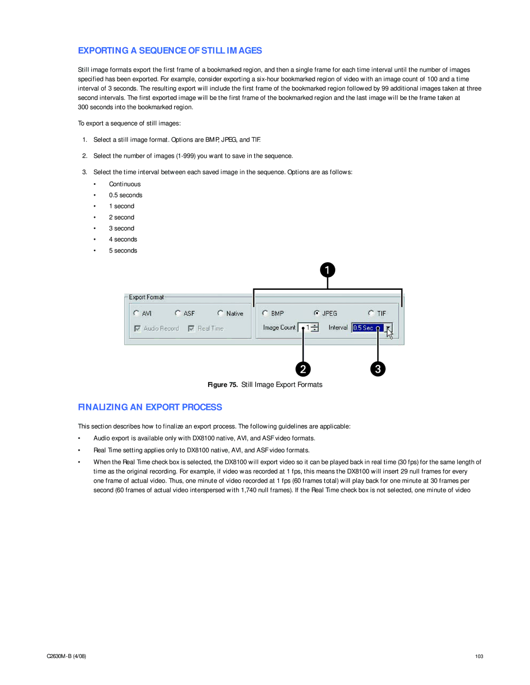 Pelco dx8100 manual Exporting a Sequence of Still Images, Finalizing AN Export Process 