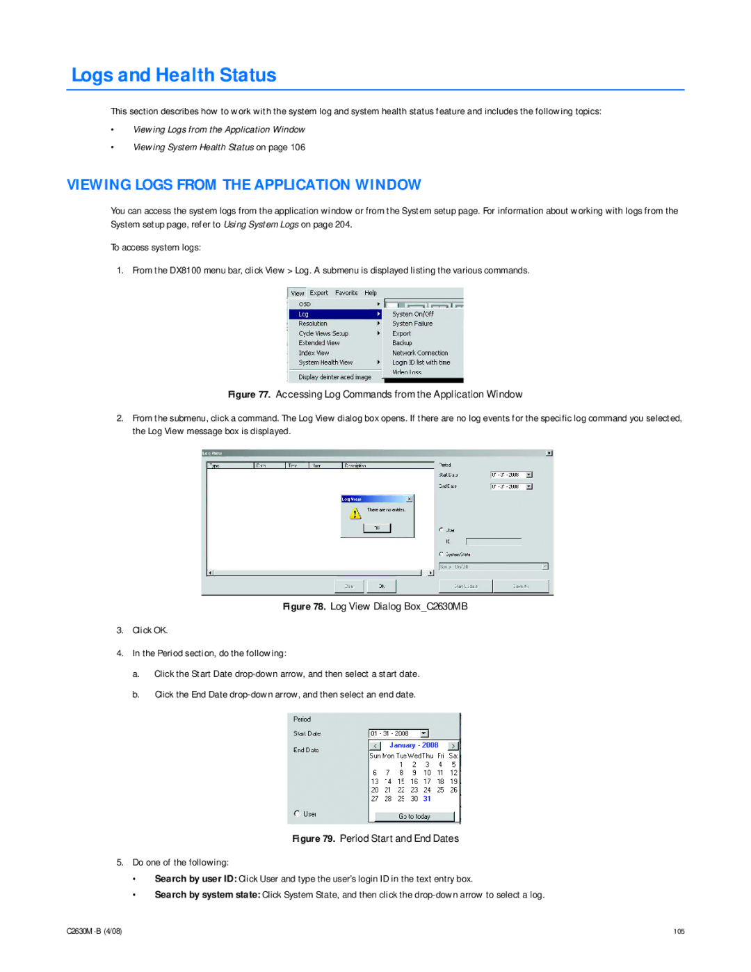 Pelco dx8100 manual Logs and Health Status, Viewing Logs from the Application Window 