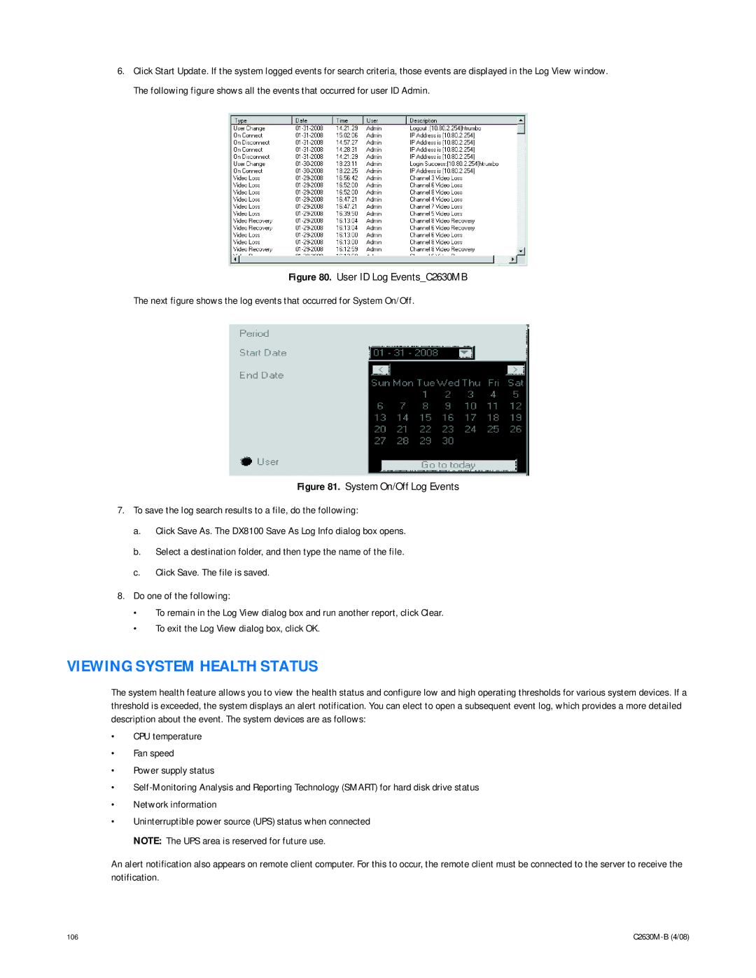 Pelco dx8100 manual Viewing System Health Status 