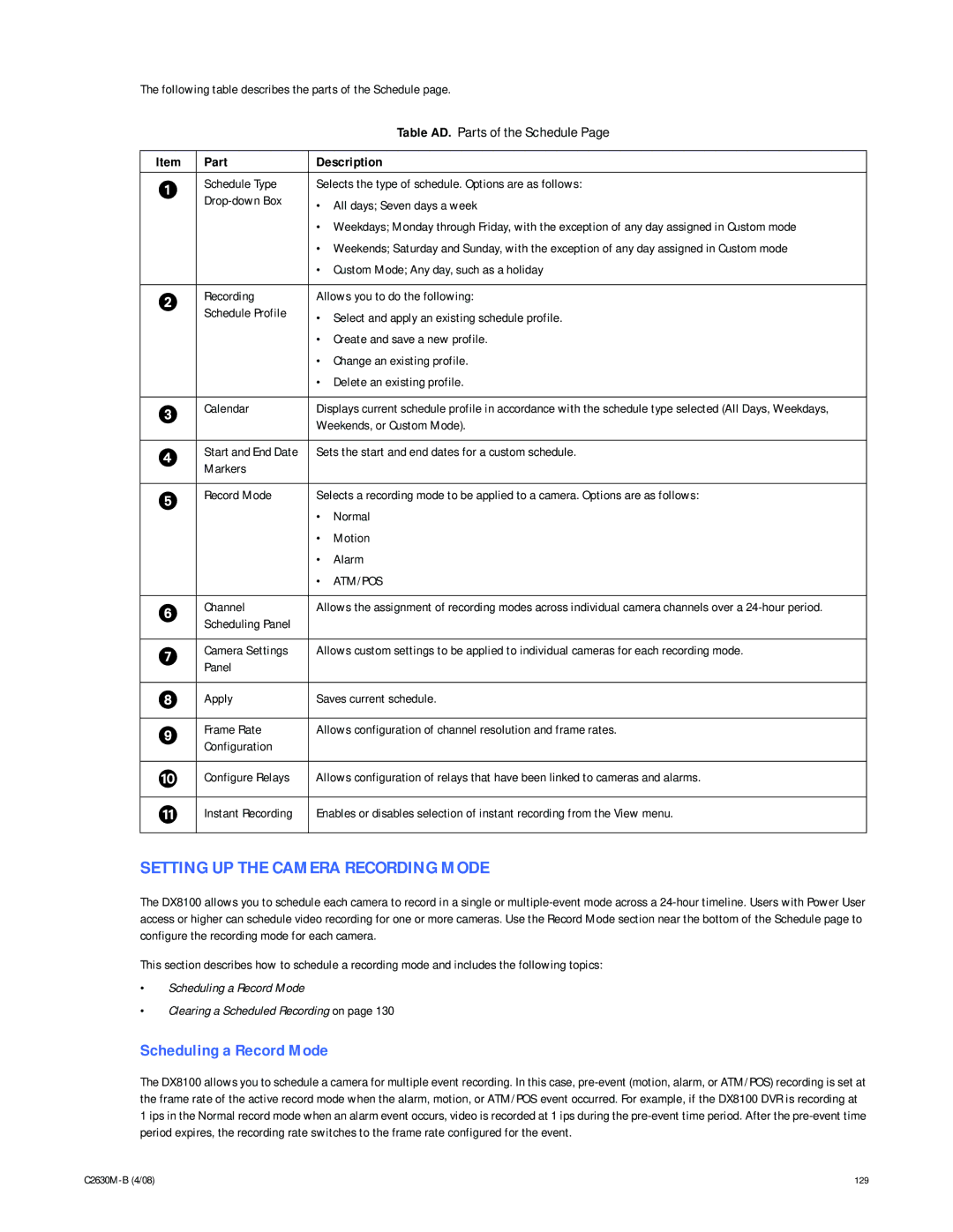 Pelco dx8100 manual Setting UP the Camera Recording Mode, Scheduling a Record Mode, Weekends, or Custom Mode, Channel 