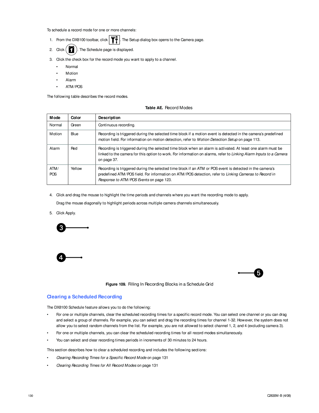 Pelco dx8100 manual Clearing a Scheduled Recording, Mode Color Description 