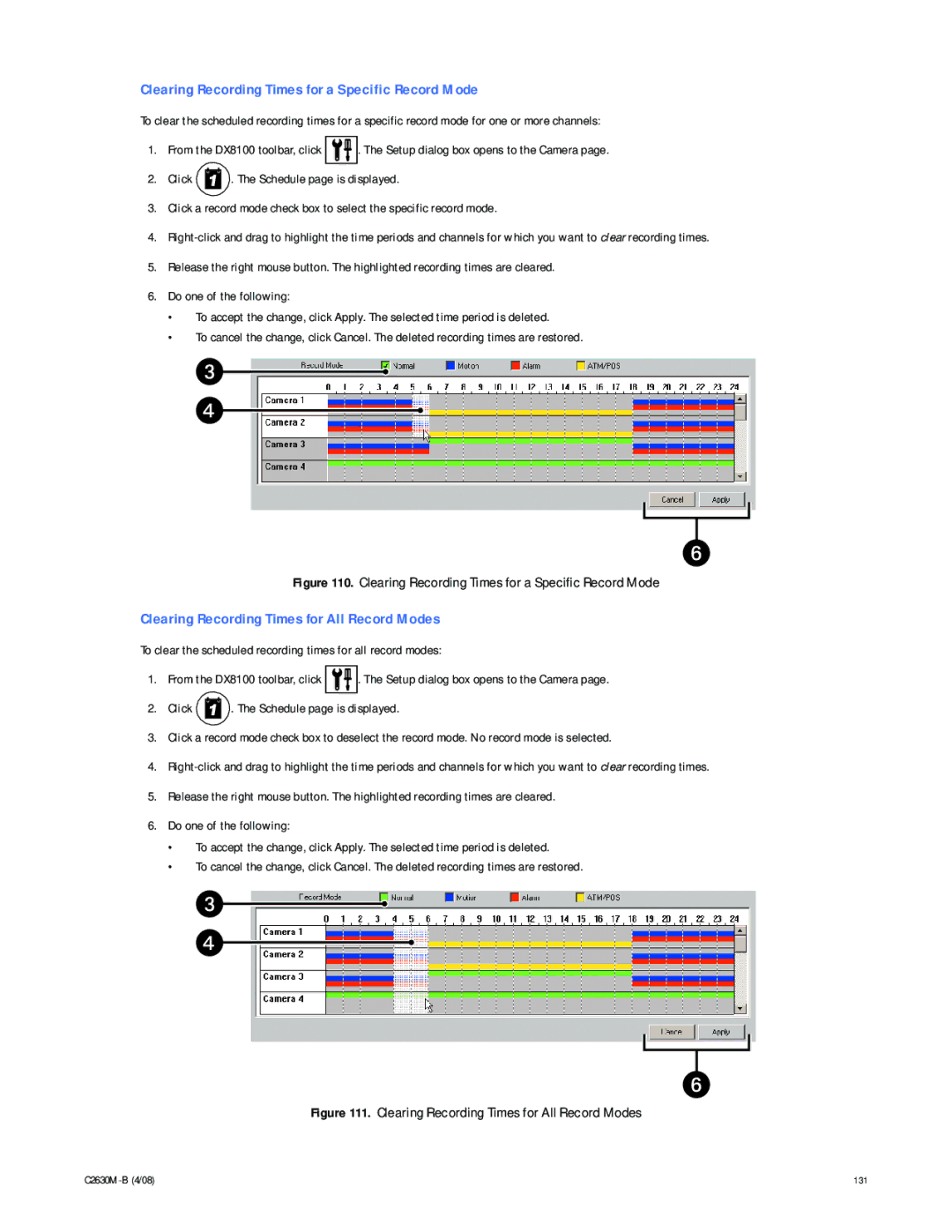 Pelco dx8100 manual Clearing Recording Times for a Specific Record Mode, Clearing Recording Times for All Record Modes 
