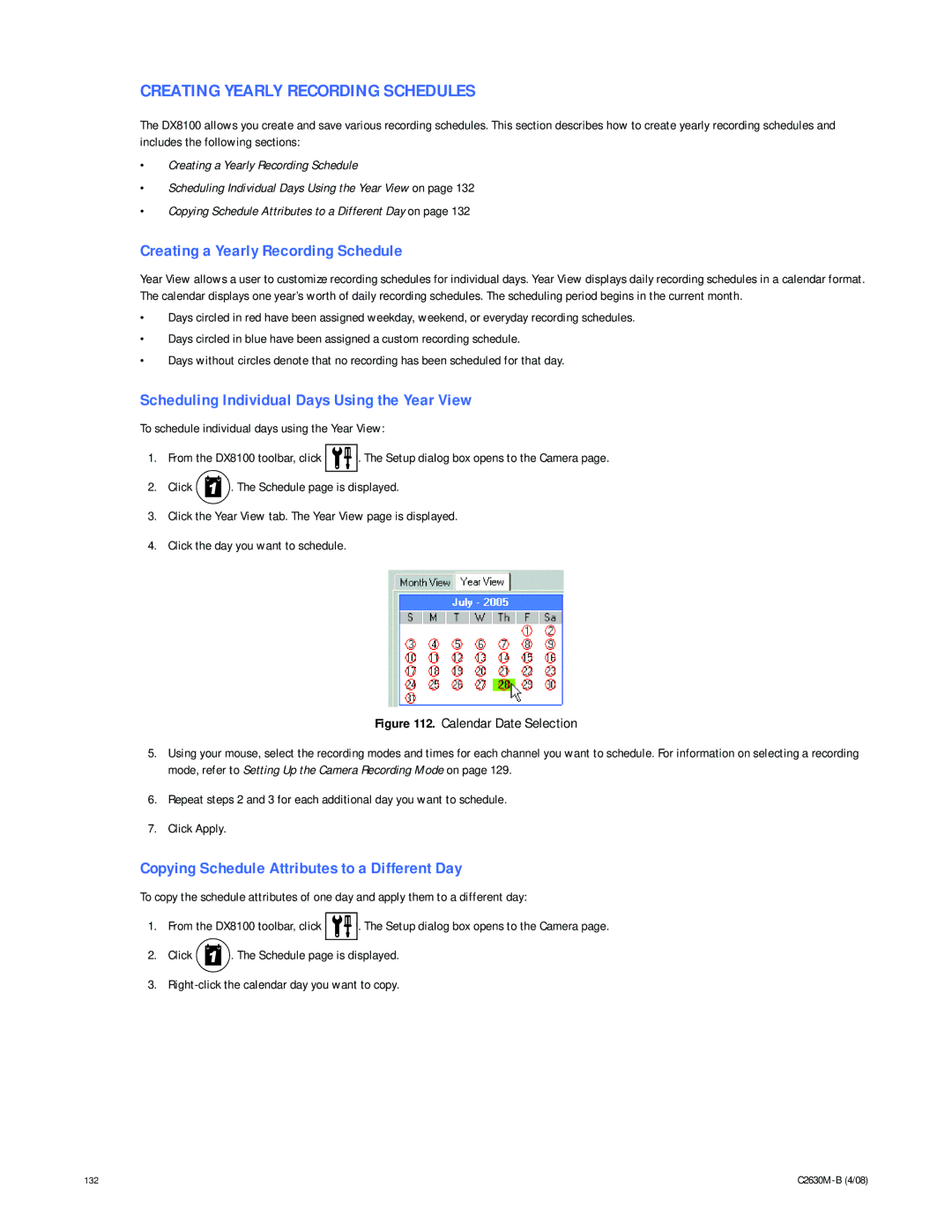 Pelco dx8100 manual Creating Yearly Recording Schedules, Creating a Yearly Recording Schedule 