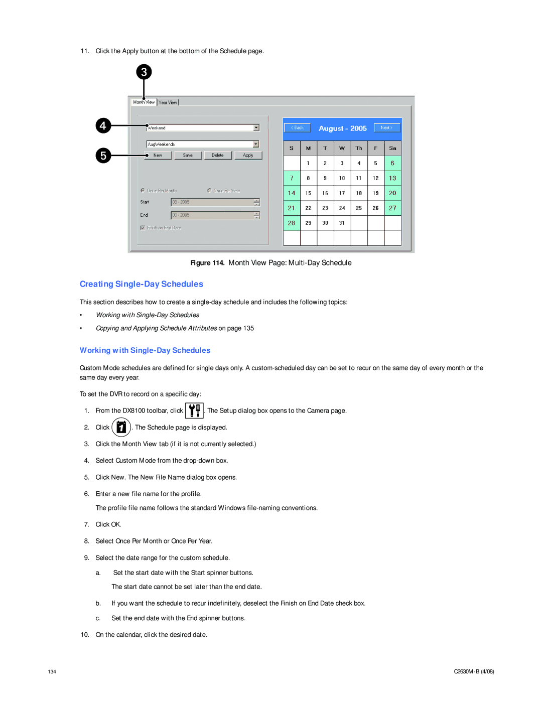 Pelco dx8100 manual Creating Single-Day Schedules, Working with Single-Day Schedules 