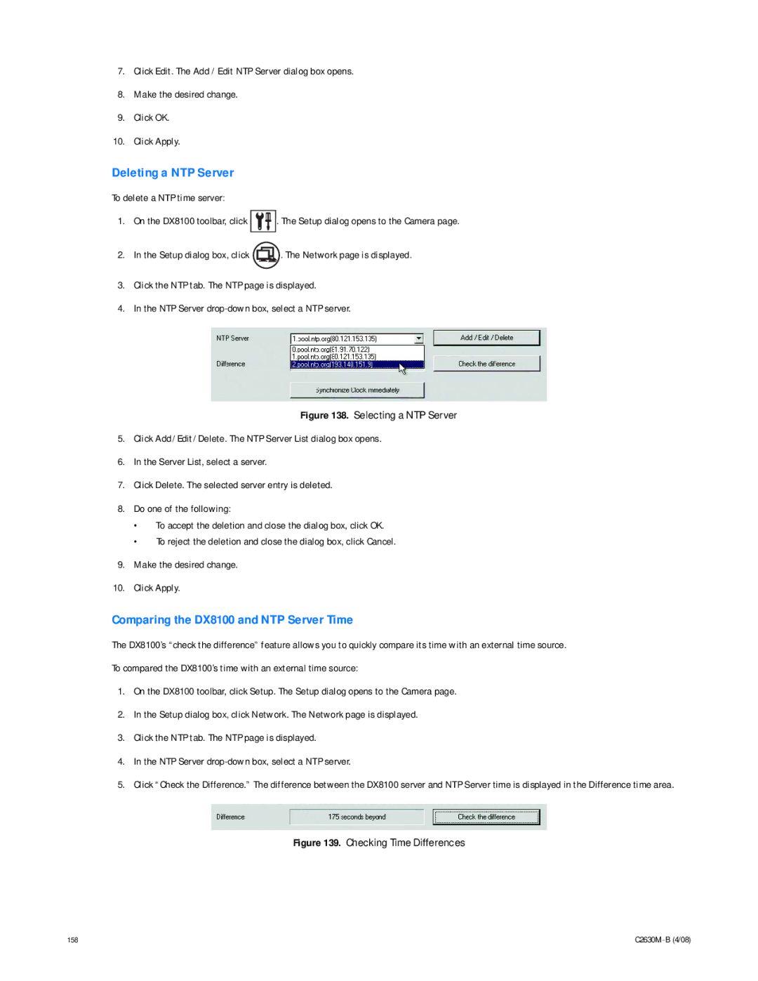 Pelco dx8100 manual Deleting a NTP Server, Comparing the DX8100 and NTP Server Time 