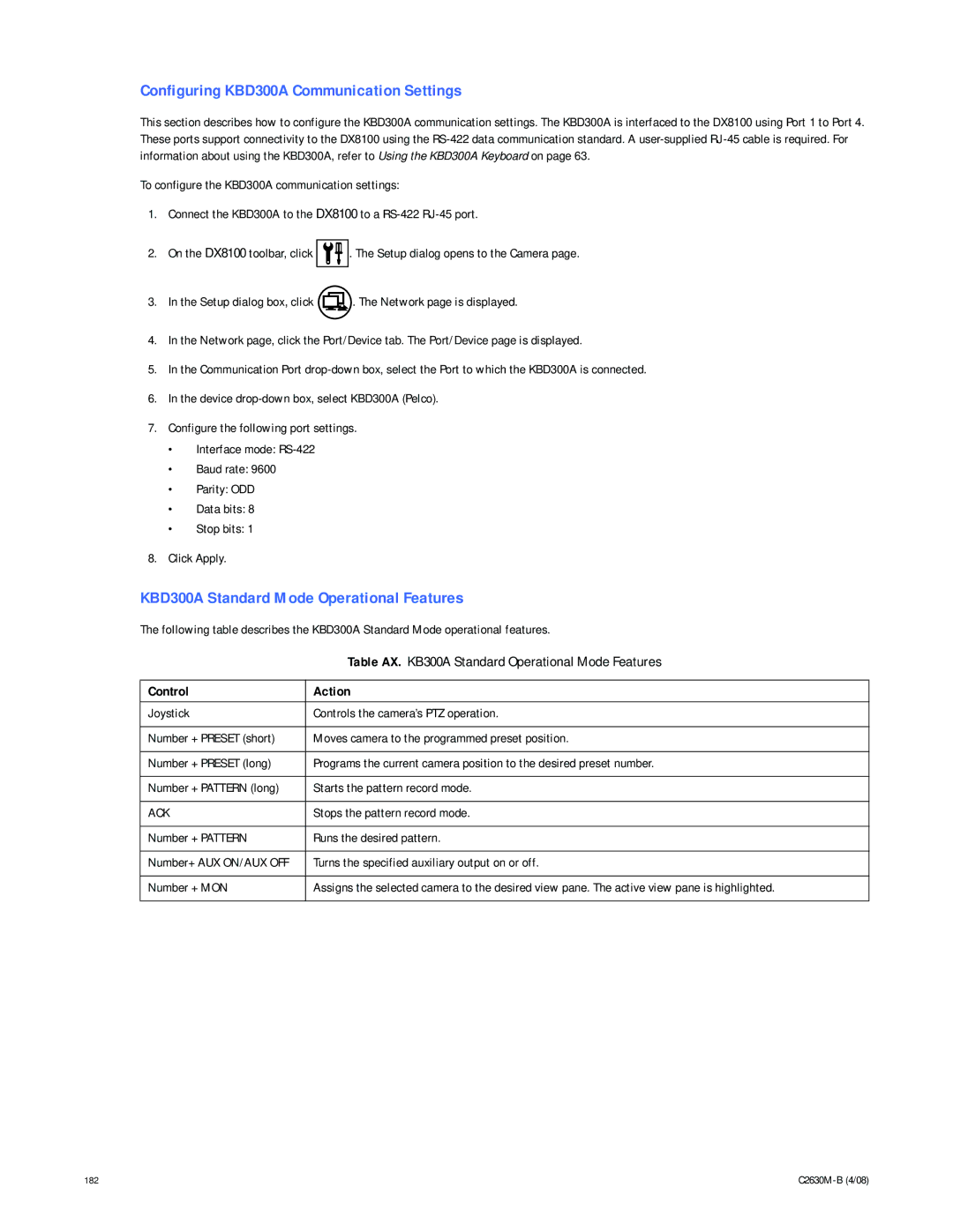 Pelco dx8100 manual Configuring KBD300A Communication Settings, KBD300A Standard Mode Operational Features, Control Action 
