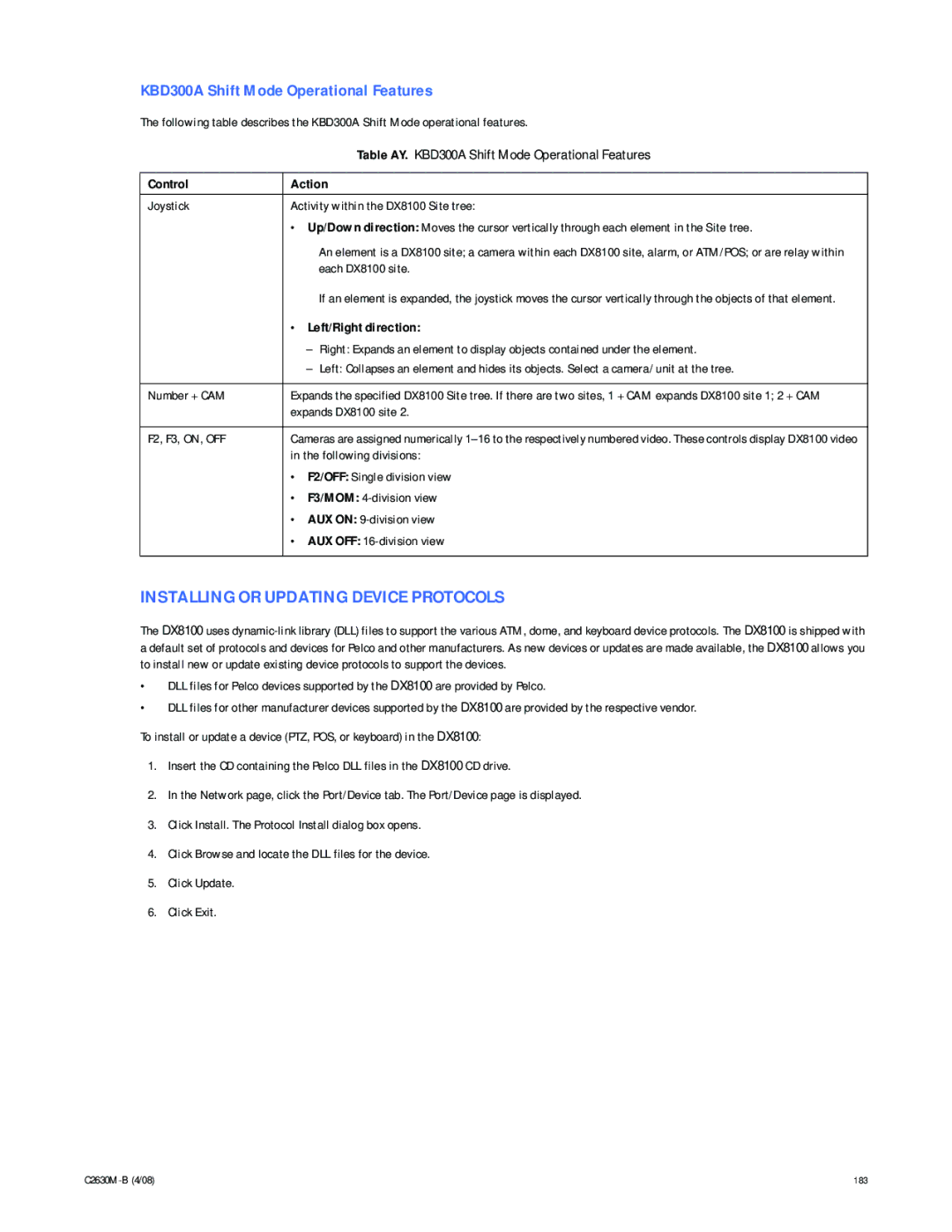 Pelco dx8100 manual Installing or Updating Device Protocols, KBD300A Shift Mode Operational Features, Each DX8100 site 