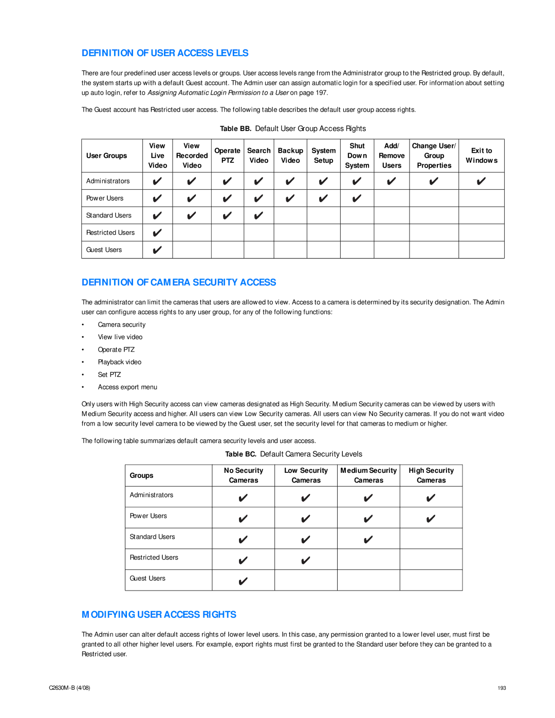 Pelco dx8100 manual Definition of User Access Levels, Definition of Camera Security Access, Modifying User Access Rights 