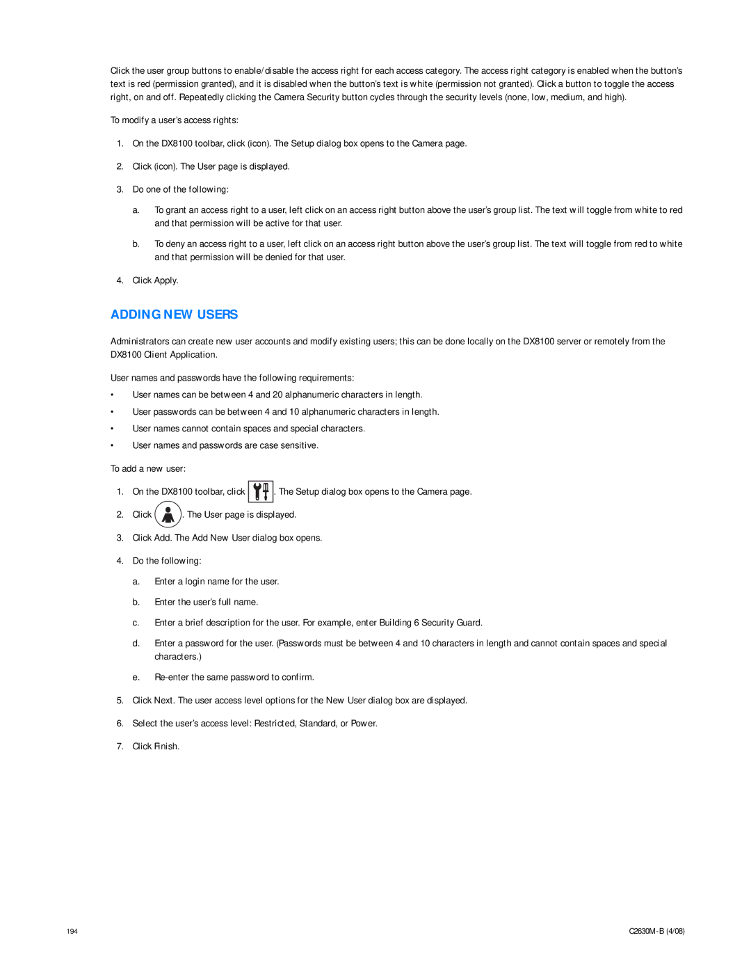 Pelco dx8100 manual Adding NEW Users 
