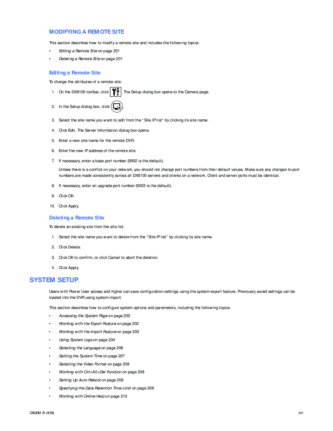 Pelco dx8100 manual System Setup, Modifying a Remote Site, Editing a Remote Site, Deleting a Remote Site 