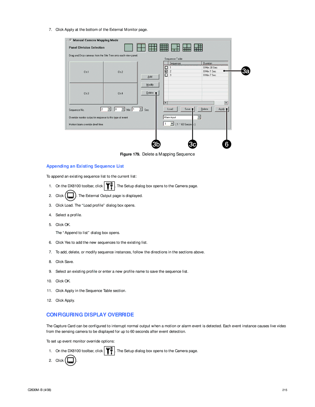 Pelco dx8100 manual Configuring Display Override, Appending an Existing Sequence List 