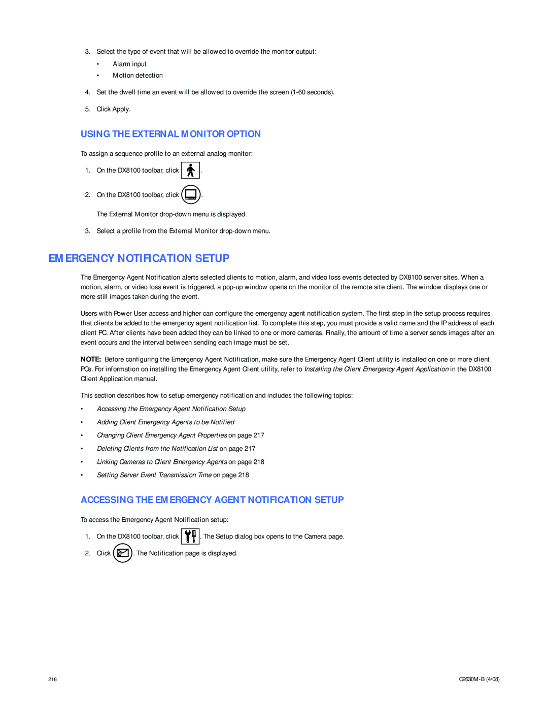 Pelco dx8100 manual Emergency Notification Setup, Using the External Monitor Option 