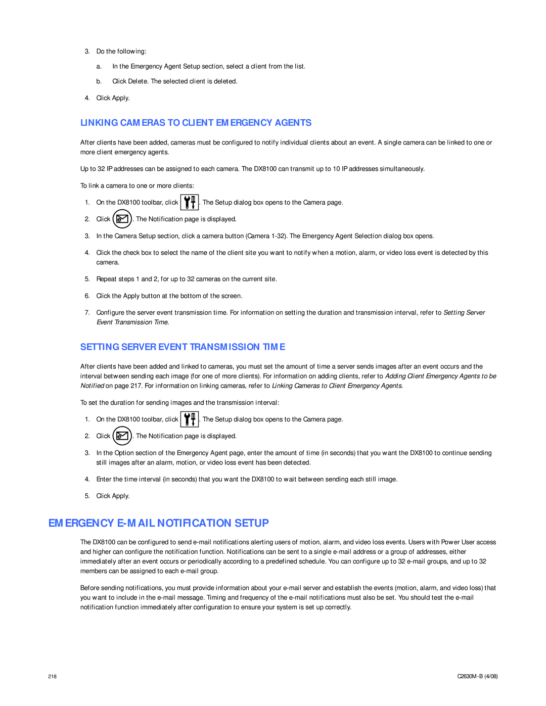 Pelco dx8100 manual Emergency E-MAIL Notification Setup, Linking Cameras to Client Emergency Agents 