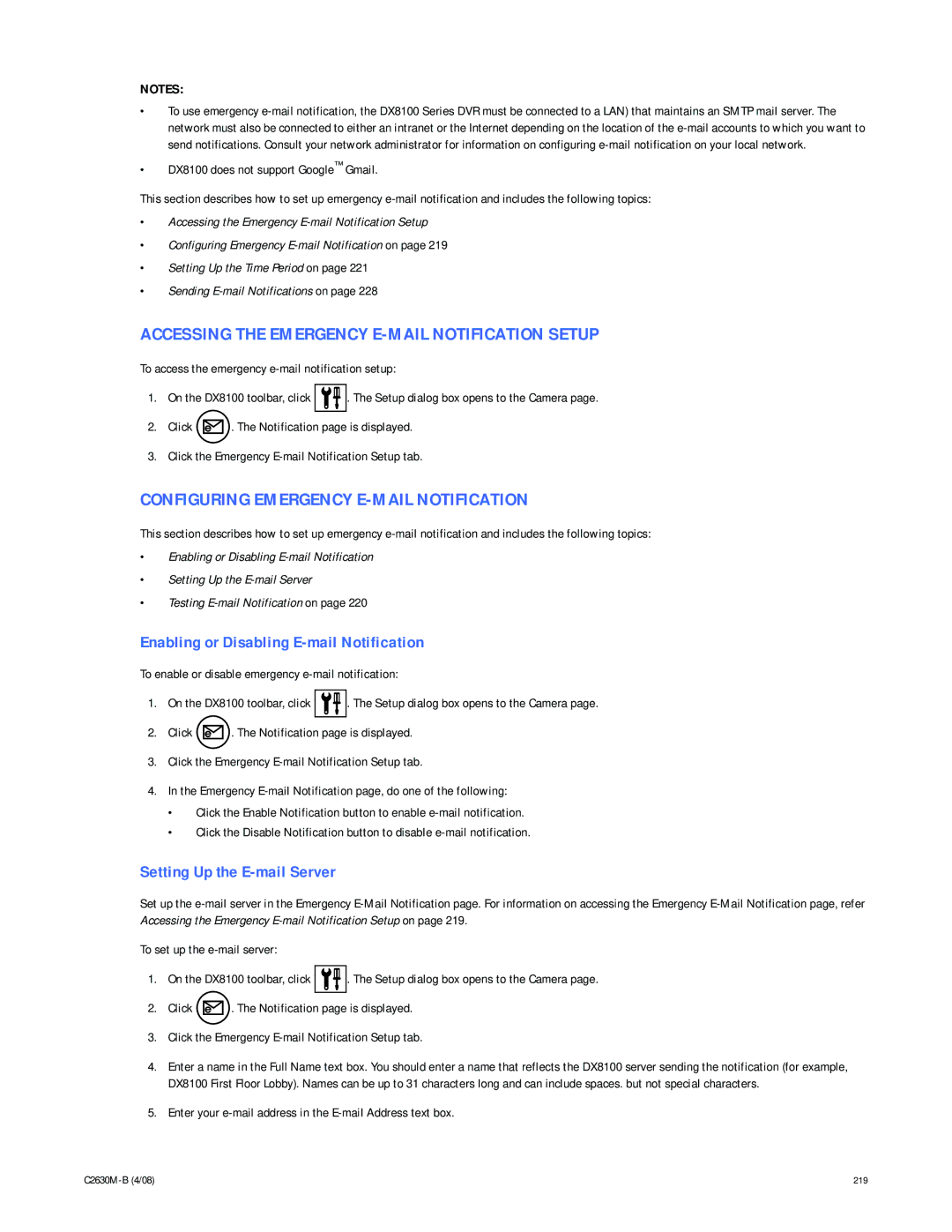 Pelco dx8100 manual Accessing the Emergency E-MAIL Notification Setup, Configuring Emergency E-MAIL Notification 