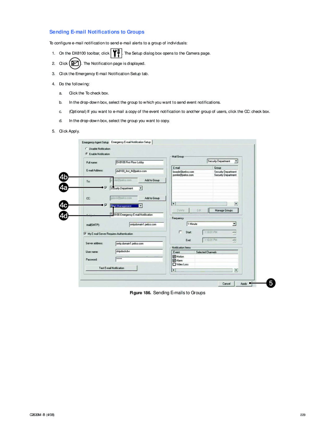 Pelco dx8100 manual Sending E-mail Notifications to Groups, Sending E-mails to Groups 