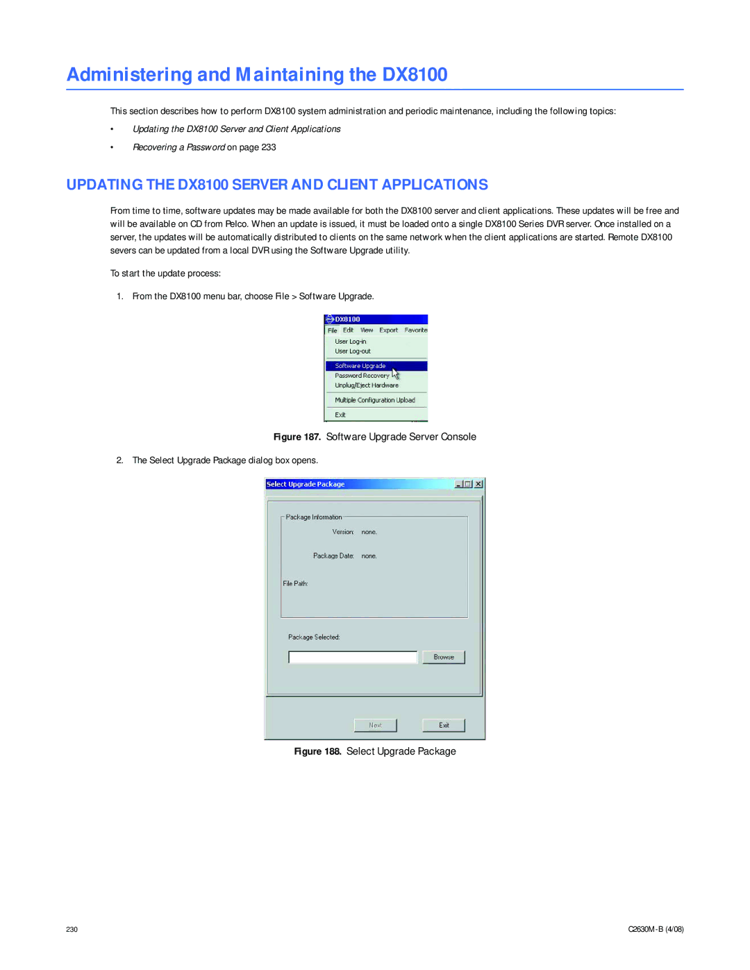 Pelco dx8100 manual Updating the DX8100 Server and Client Applications, Select Upgrade Package 