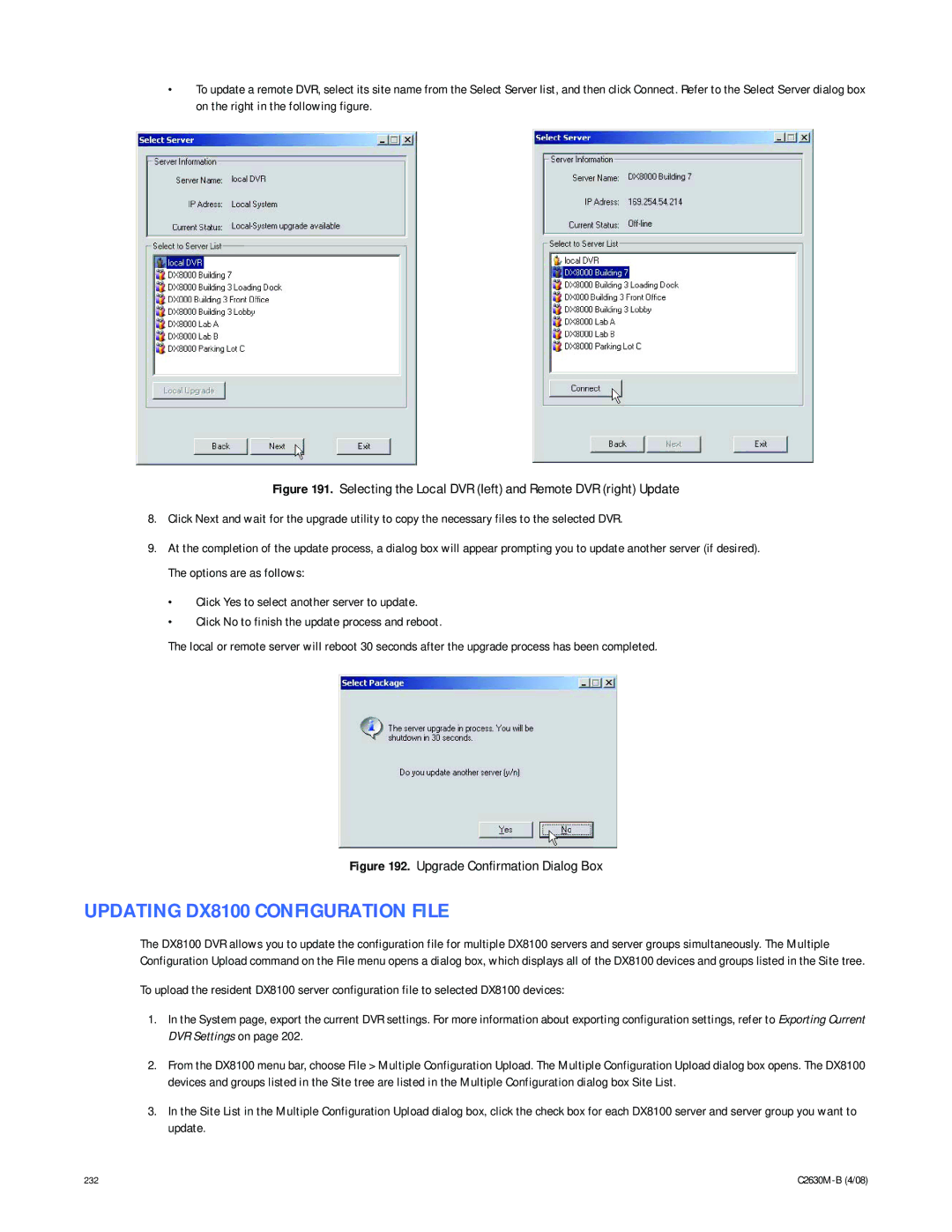 Pelco dx8100 manual Updating DX8100 Configuration File, Upgrade Confirmation Dialog Box 