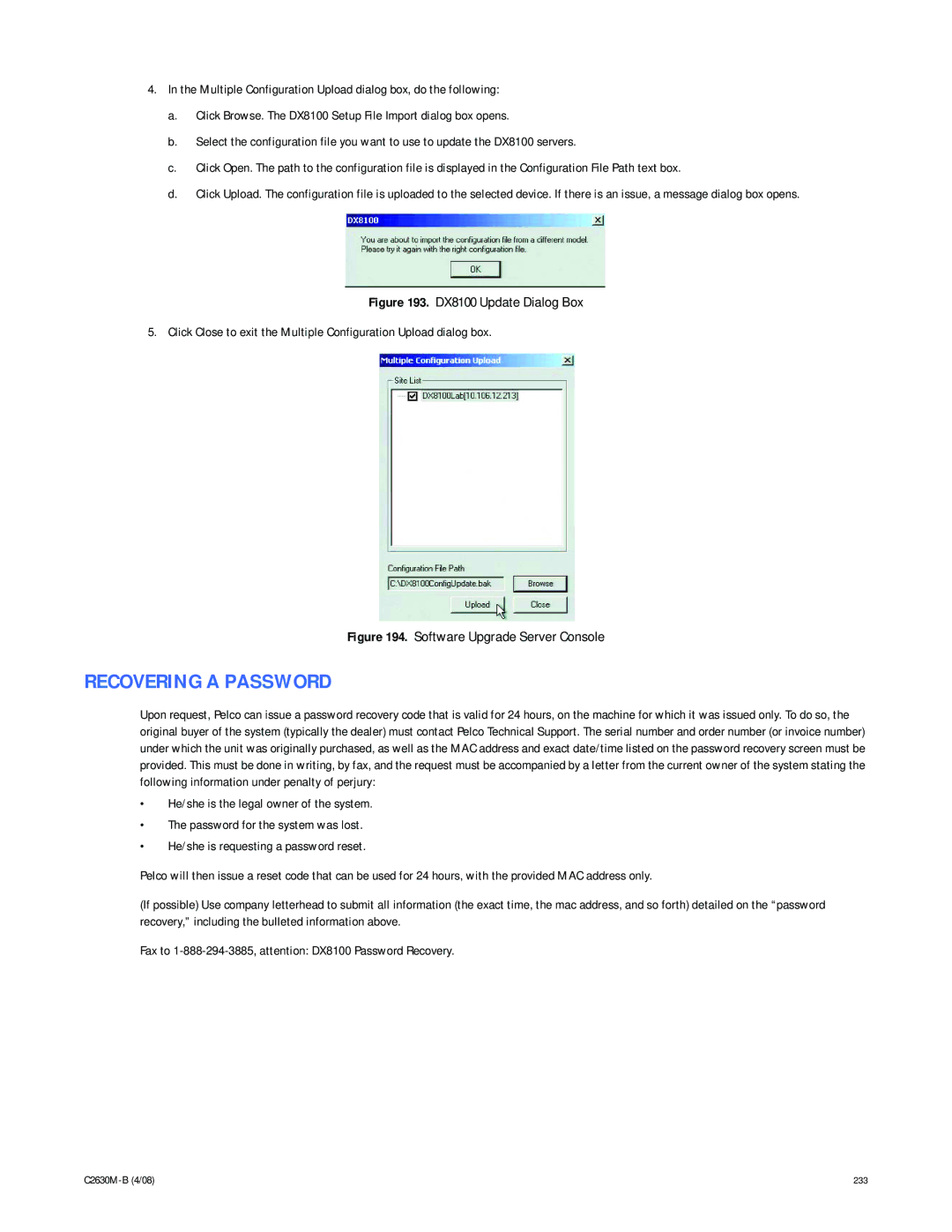 Pelco dx8100 manual Recovering a Password, Software Upgrade Server Console 