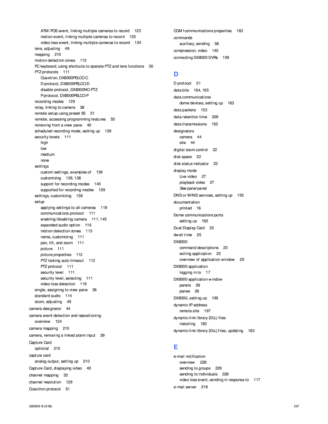 Pelco dx8100 123, 124, Lens, adjusting Mapping Motion detection zones, 111, Coaxitron, High Low Medium None Settings, 140 