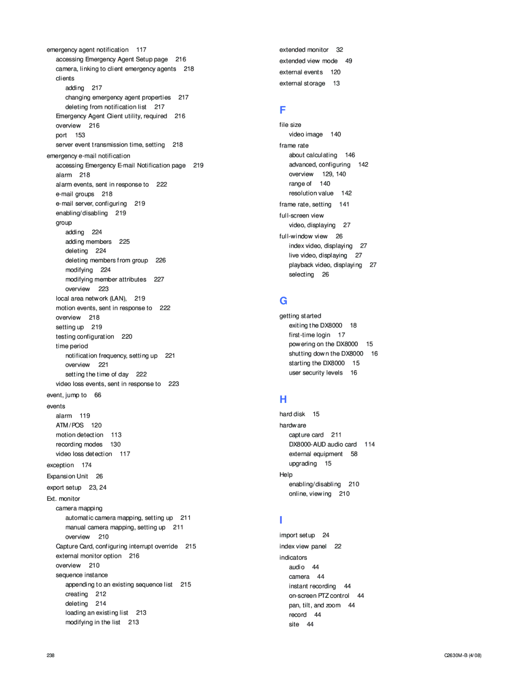 Pelco dx8100 117, 217, Overview 216 Port, Emergency e-mail notification, 219, 222, 224, 225, 223, Overview 218, 220 