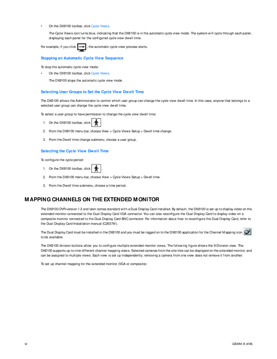 Pelco dx8100 manual Stopping an Automatic Cycle View Sequence, Selecting User Groups to Set the Cycle View Dwell Time 