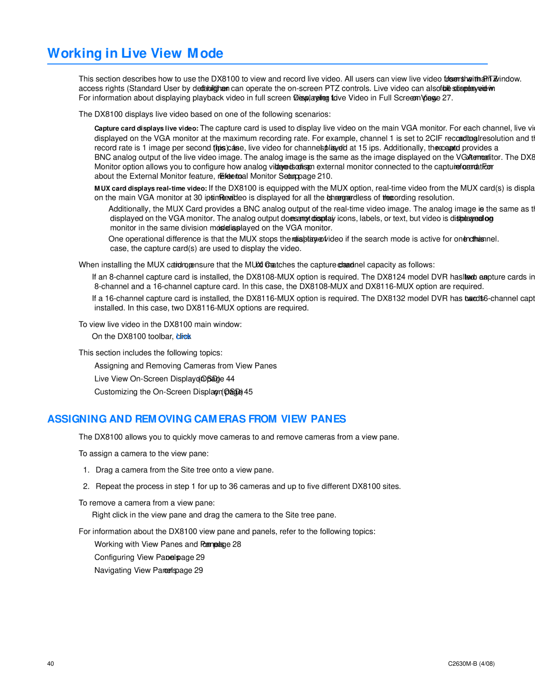 Pelco dx8100 manual Working in Live View Mode, Assigning and Removing Cameras from View Panes 