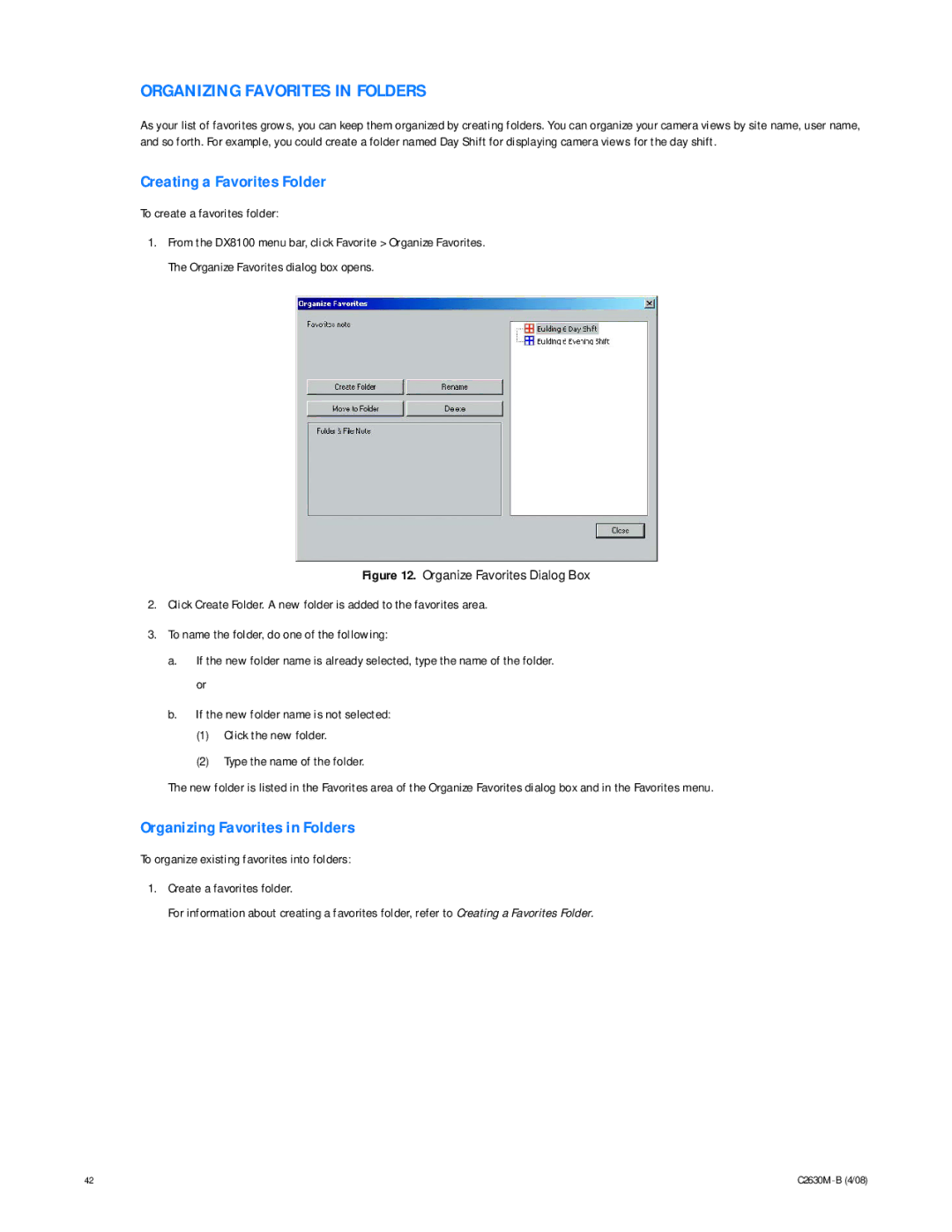 Pelco dx8100 manual Organizing Favorites in Folders, Creating a Favorites Folder, To create a favorites folder 