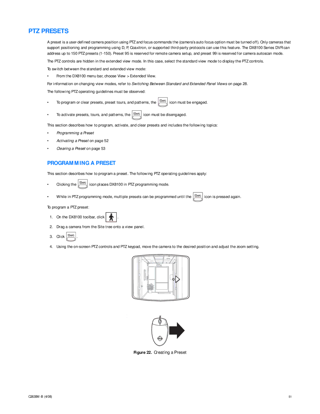 Pelco dx8100 manual PTZ Presets, Programming a Preset 