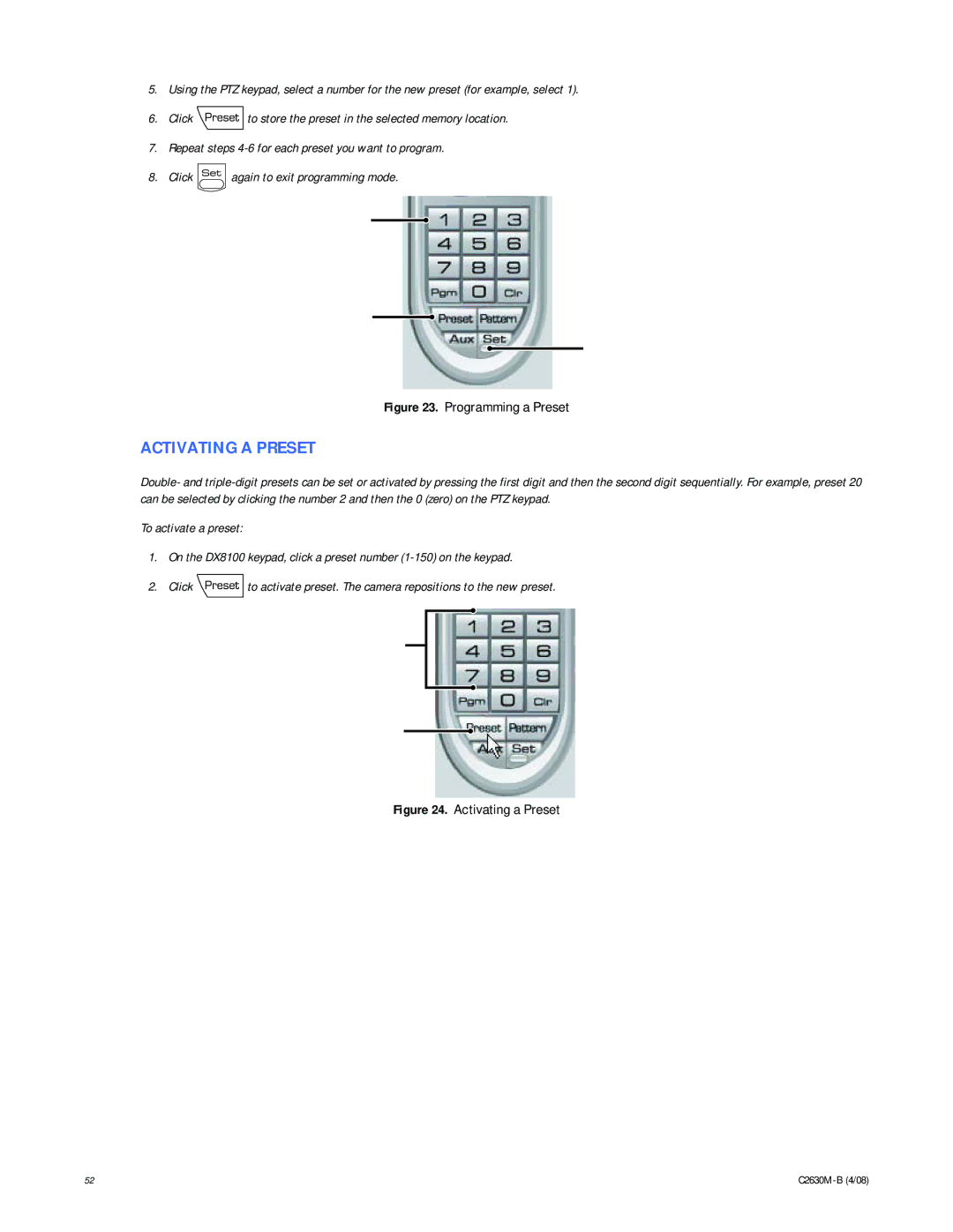 Pelco dx8100 manual Activating a Preset, Programming a Preset 