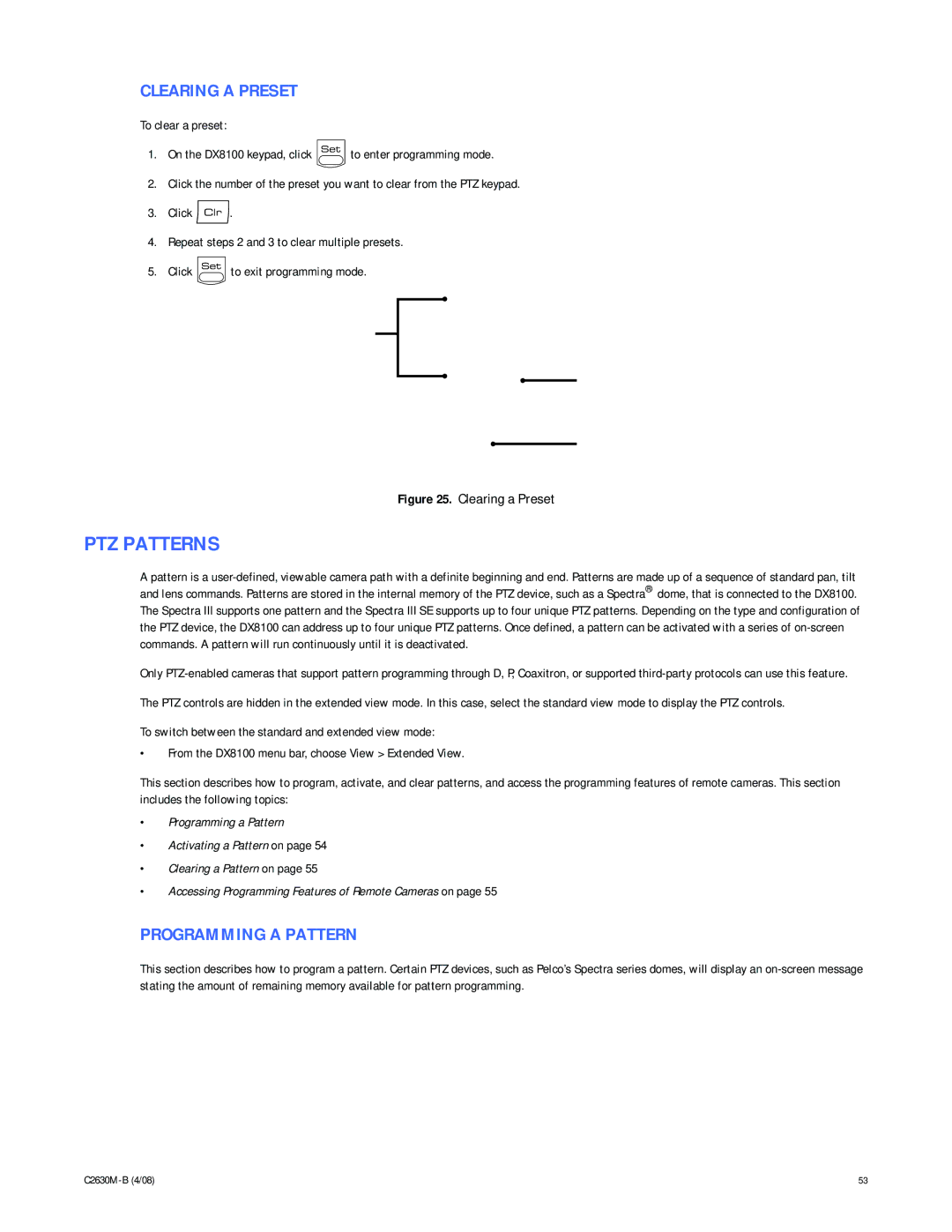 Pelco dx8100 manual PTZ Patterns, Clearing a Preset, Programming a Pattern 