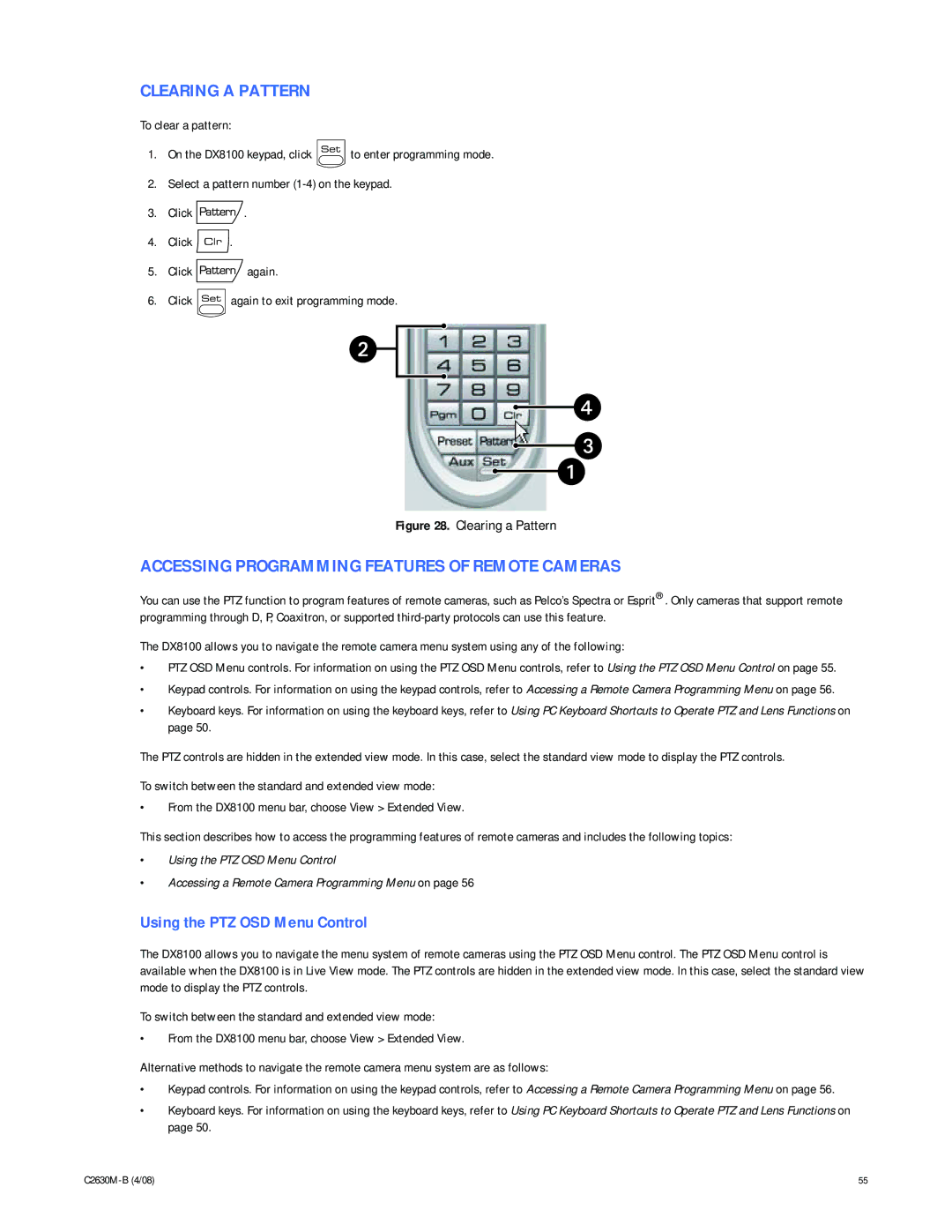 Pelco dx8100 manual Clearing a Pattern, Accessing Programming Features of Remote Cameras, Using the PTZ OSD Menu Control 