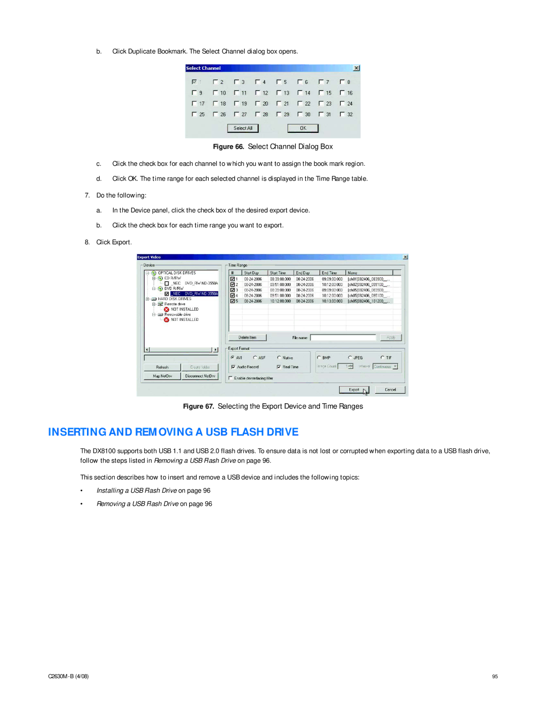 Pelco dx8100 manual Inserting and Removing a USB Flash Drive, Selecting the Export Device and Time Ranges 