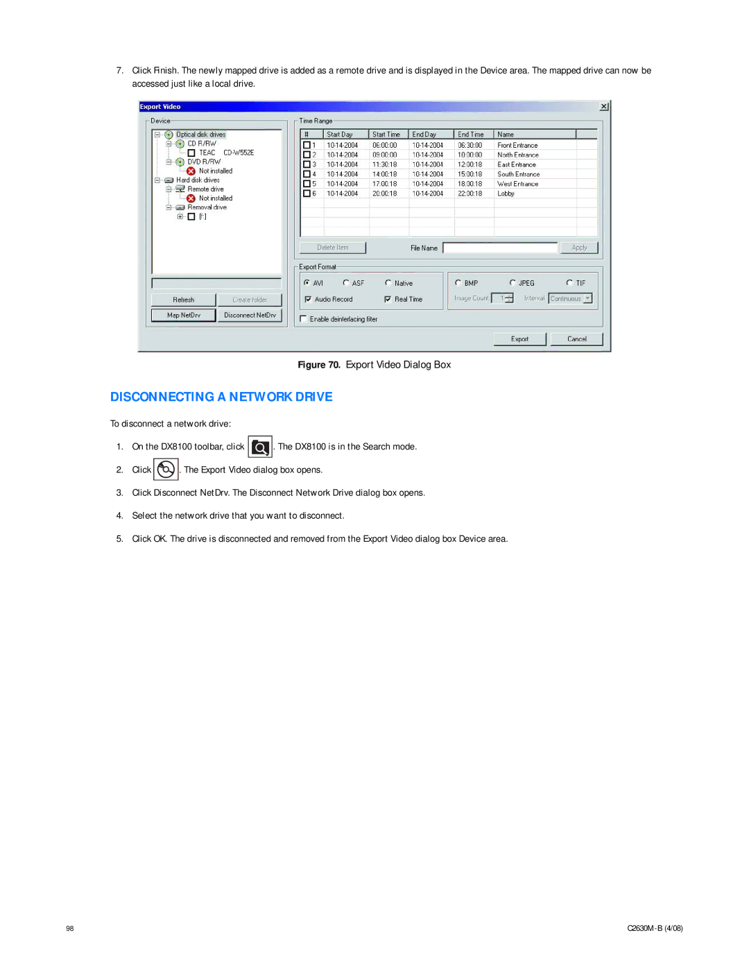 Pelco dx8100 manual Disconnecting a Network Drive, Export Video Dialog Box 