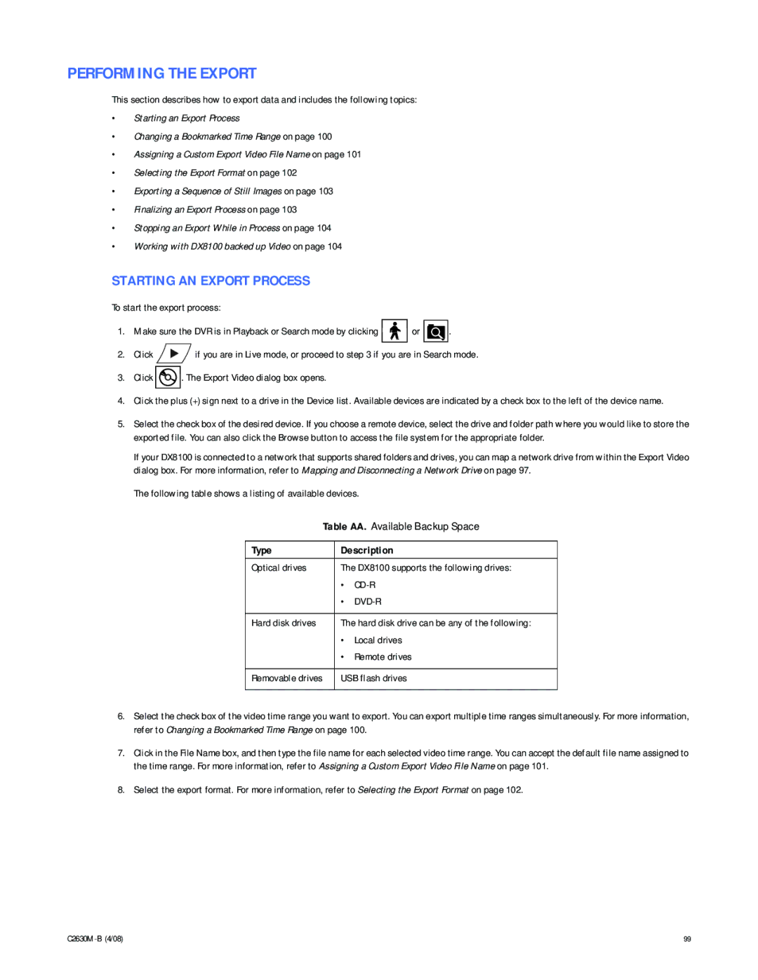 Pelco dx8100 manual Performing the Export, Starting AN Export Process, Type Description 