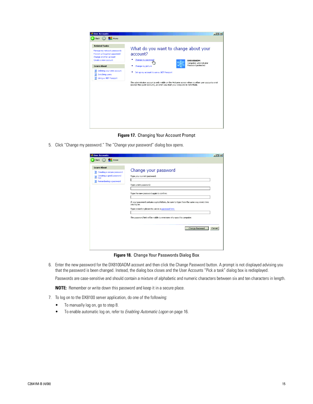 Pelco dx8100 manual Change Your Passwords Dialog Box 