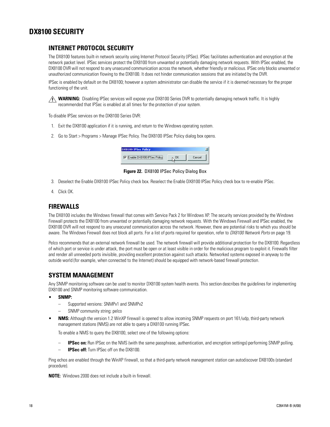 Pelco dx8100 manual DX8100 Security, Internet Protocol Security, Firewalls, System Management 