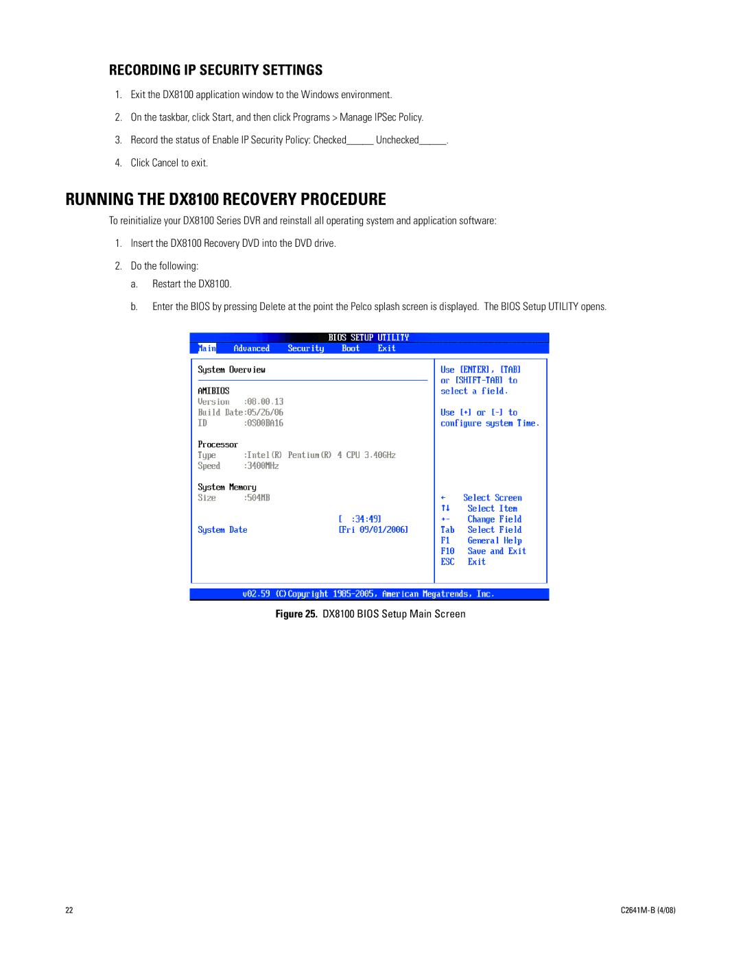 Pelco dx8100 manual Running the DX8100 Recovery Procedure, Recording IP Security Settings 