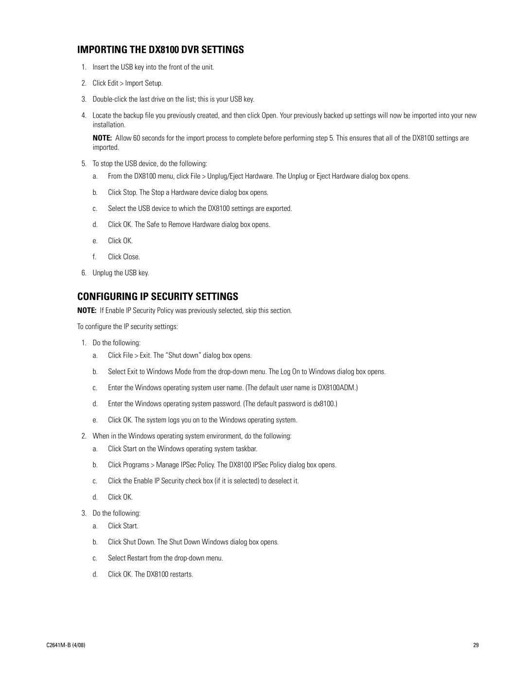 Pelco dx8100 manual Importing the DX8100 DVR Settings, Configuring IP Security Settings 