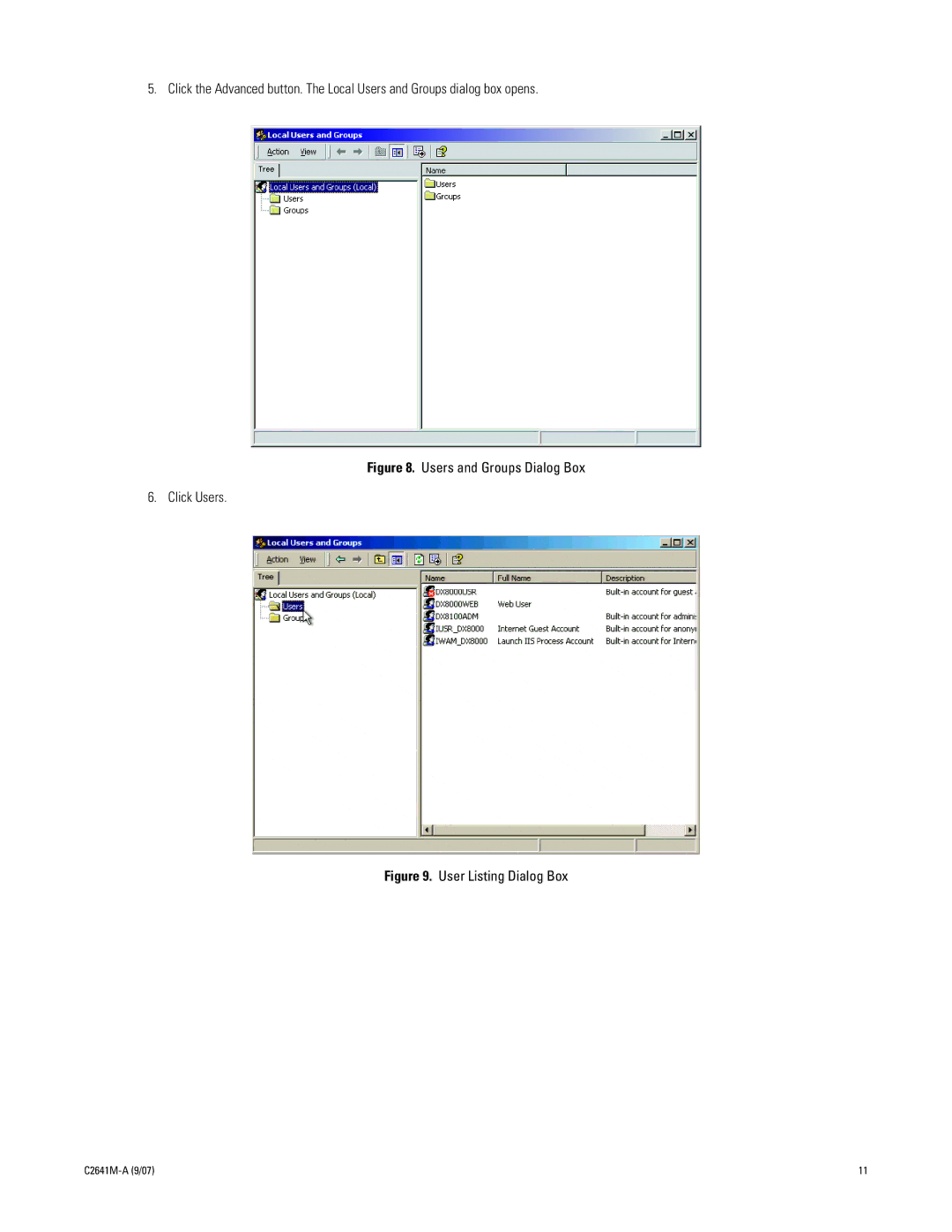 Pelco dx8100 manual Users and Groups Dialog Box Click Users 