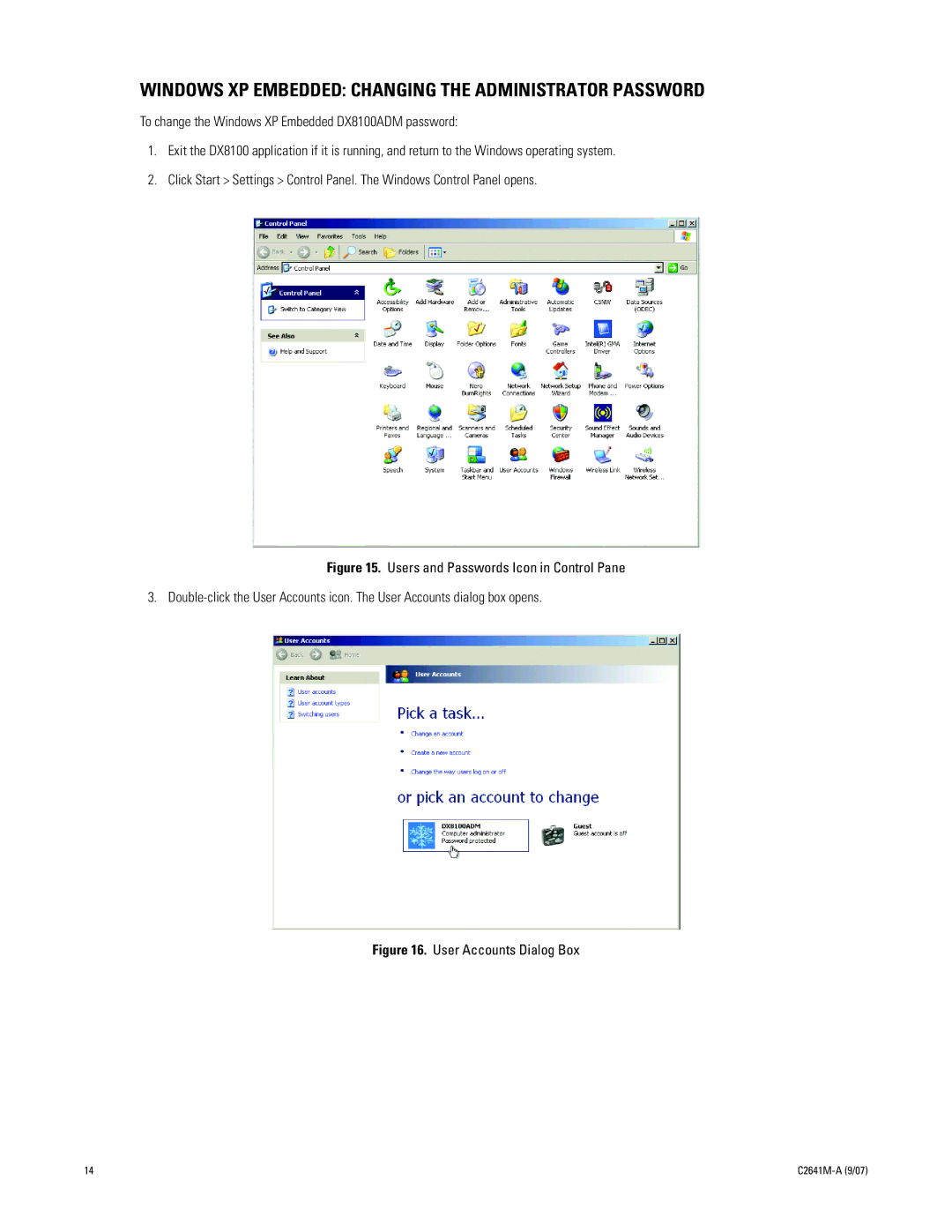 Pelco dx8100 manual Windows XP Embedded Changing the Administrator Password, User Accounts Dialog Box 